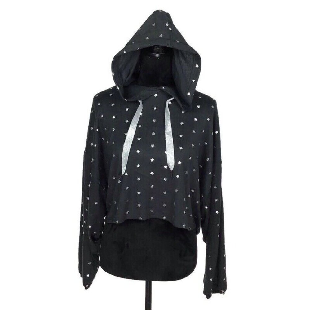 Row A NEW Metallic Foil Star Hoodie Crop Knit Size Large Womens Grey
